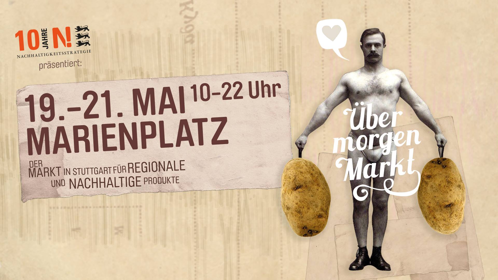 Zu sehen ist der Flyer des Übermorgen-Marktes, auf dem ein Mann ohne Kleidung zwei Kartoffeln trägt.